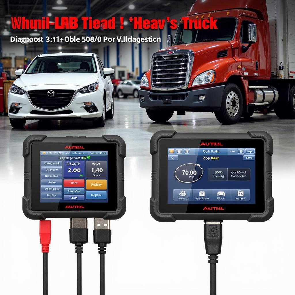 Autel diagnostic tool connected to both a car and a heavy truck