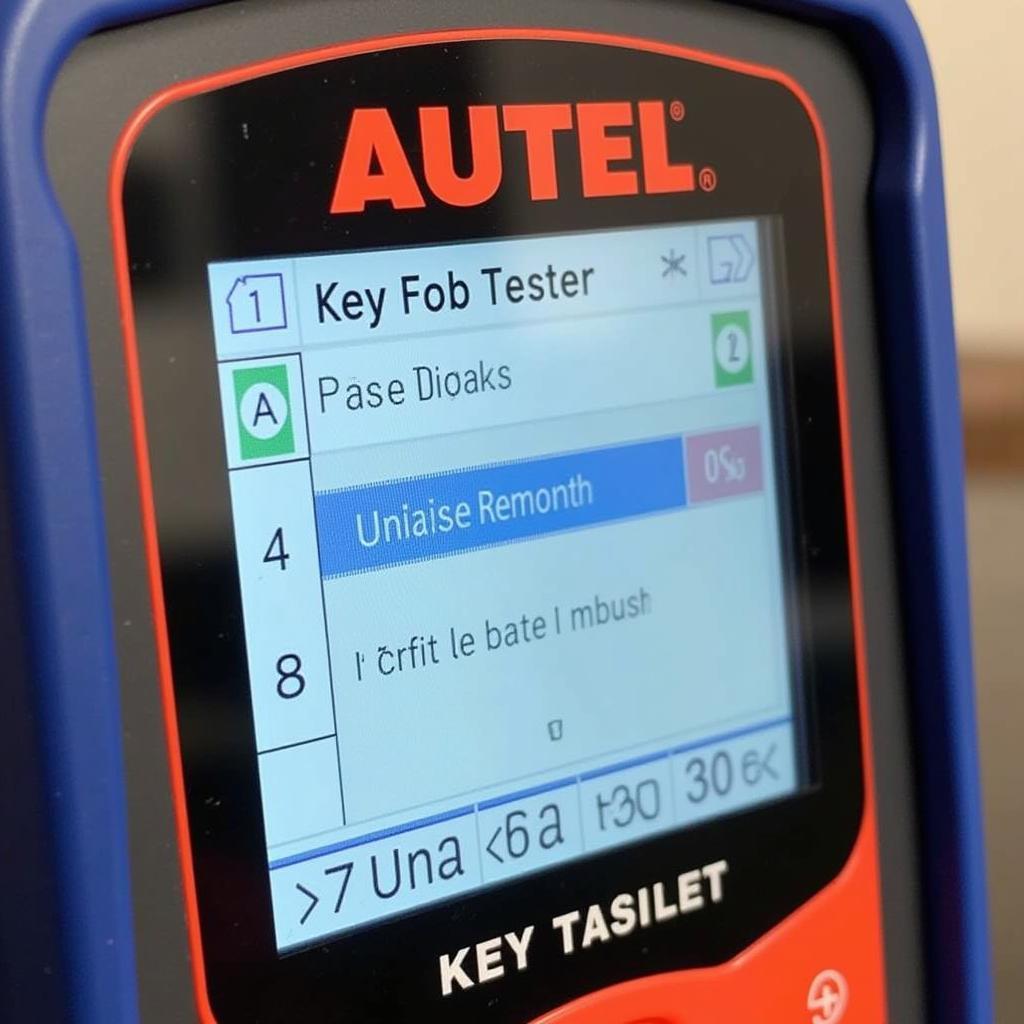 Close-up View of an Autel Key Fob Tester Displaying Signal Strength and Frequency