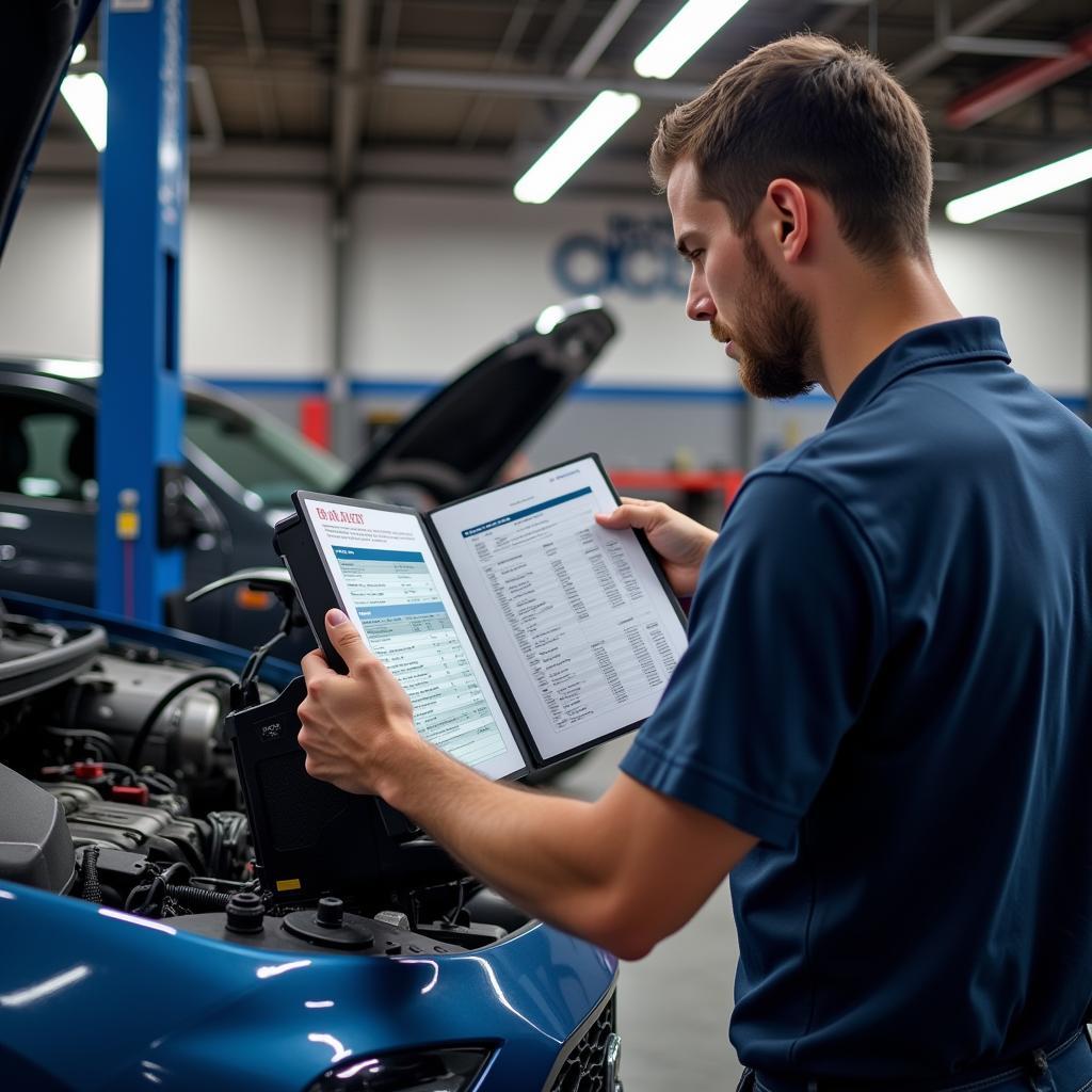 Technician using an Autel MaxiCheck printer in a garage.