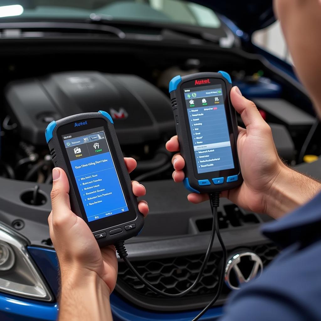 Autel MaxiCheck Scanner being used to diagnose a car engine.