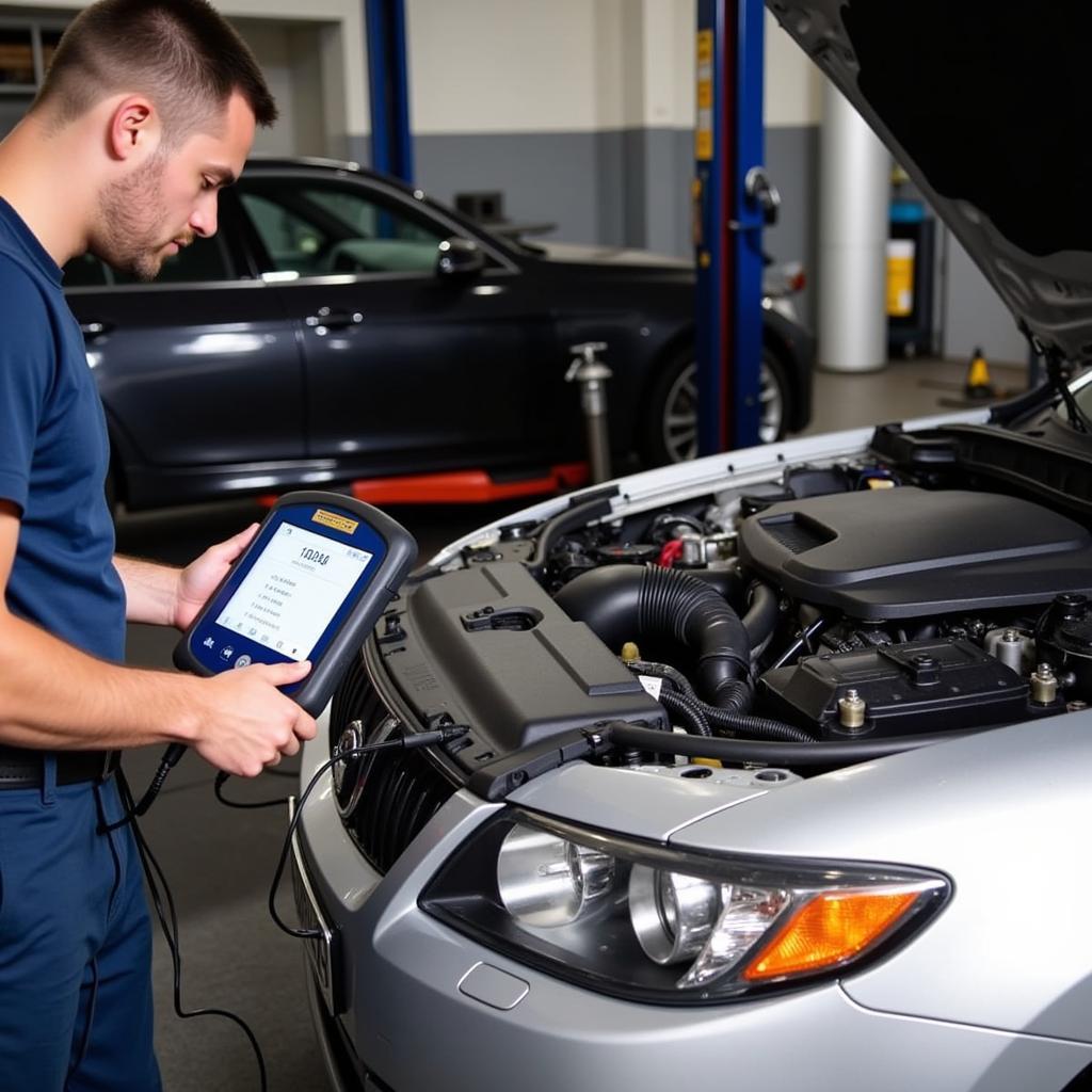 Autel MaxiCOM MK808BT OBD2 Scanner being used to diagnose a car's engine