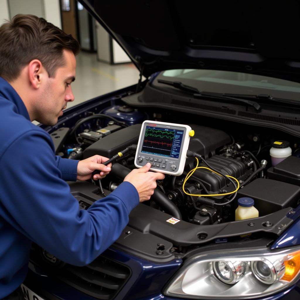 A mechanic using the Autel MaxiScope MP408 oscilloscope to diagnose a car.