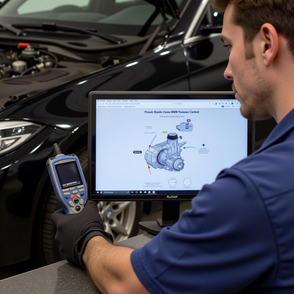 Technician using Autel MaxiSys to perform a transfer case adaptation on a BMW