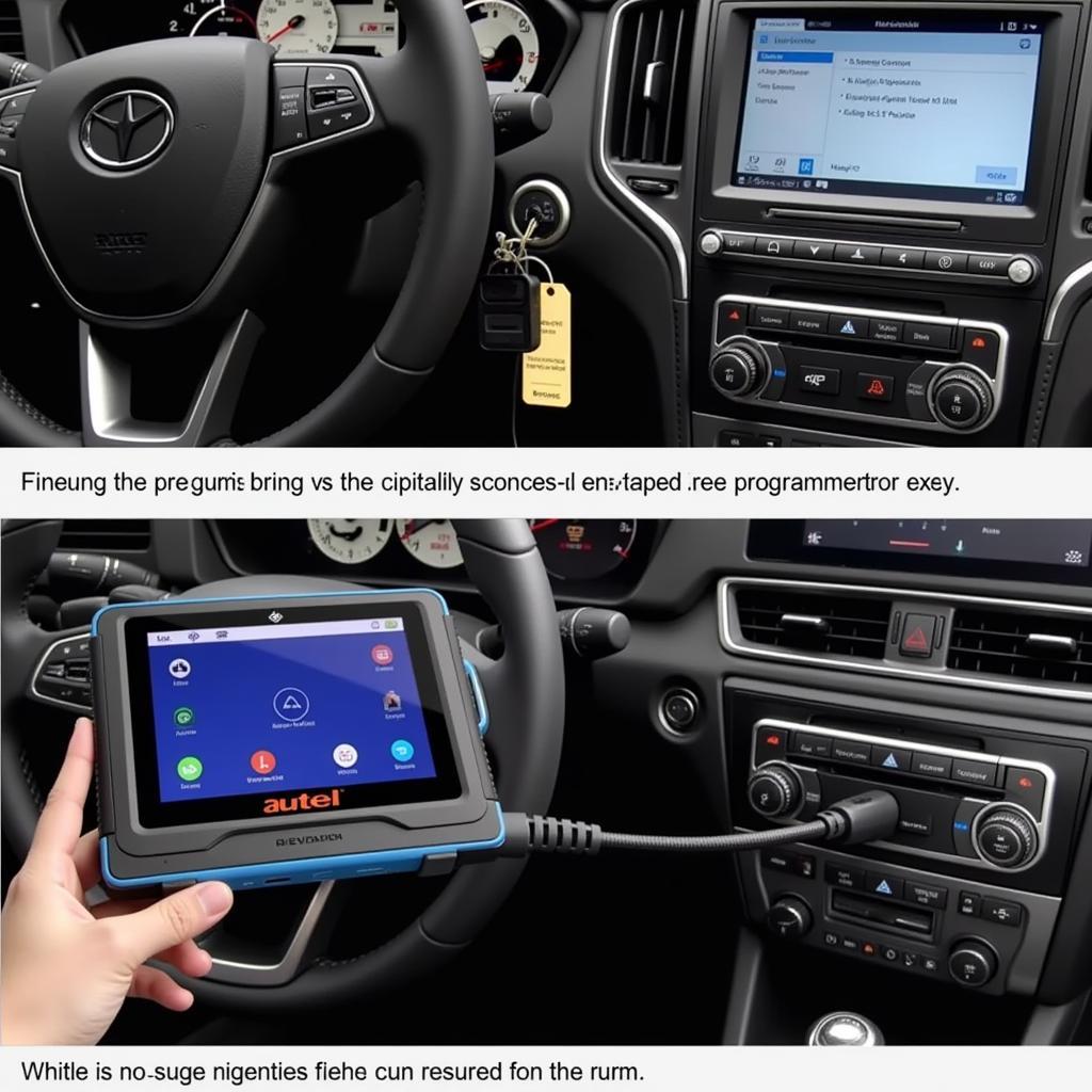 Autel Maxisys diagnostic tool connected to a vehicle's OBD-II port for key programming.