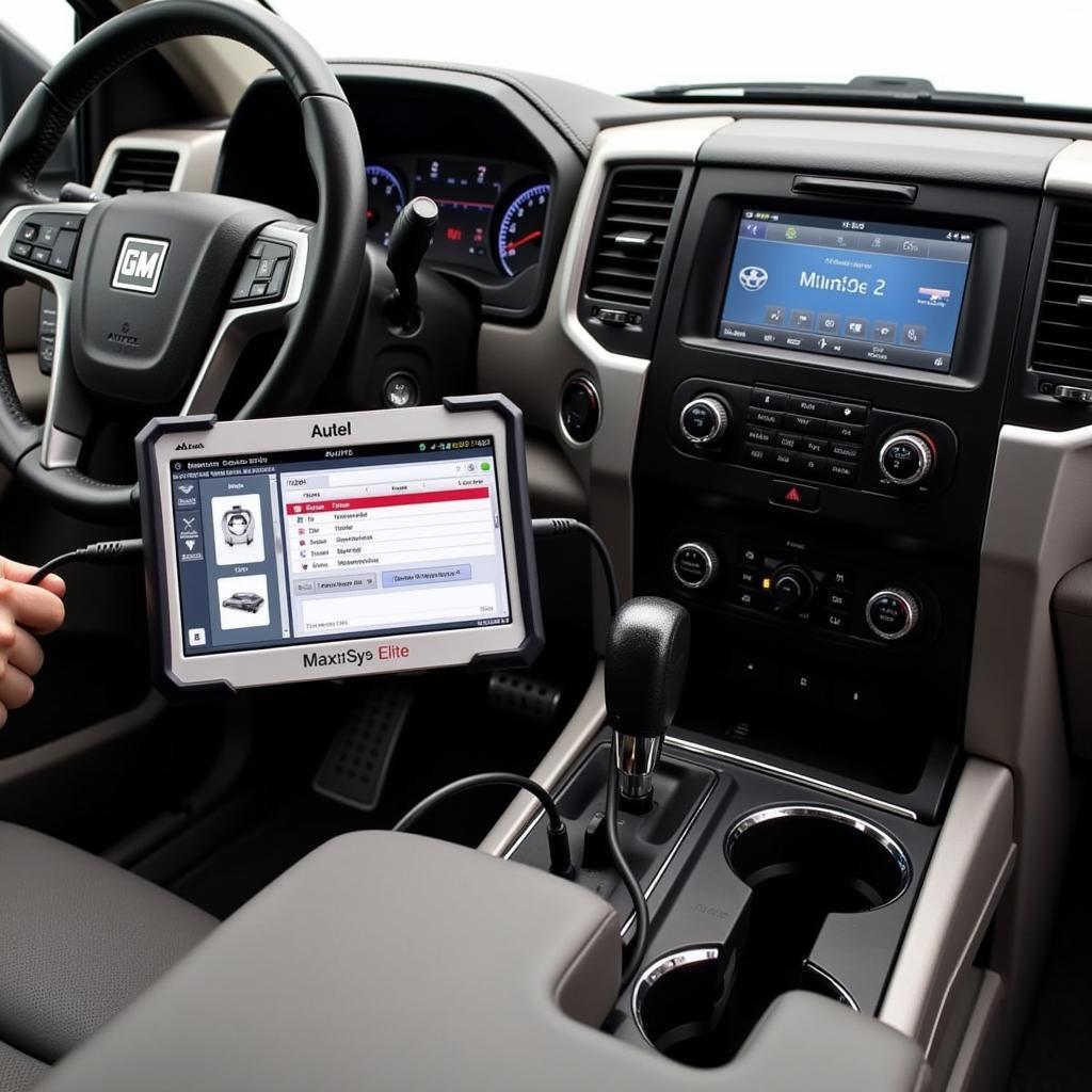 Autel MaxiSys Elite connected to a GM vehicle for EBCM programming