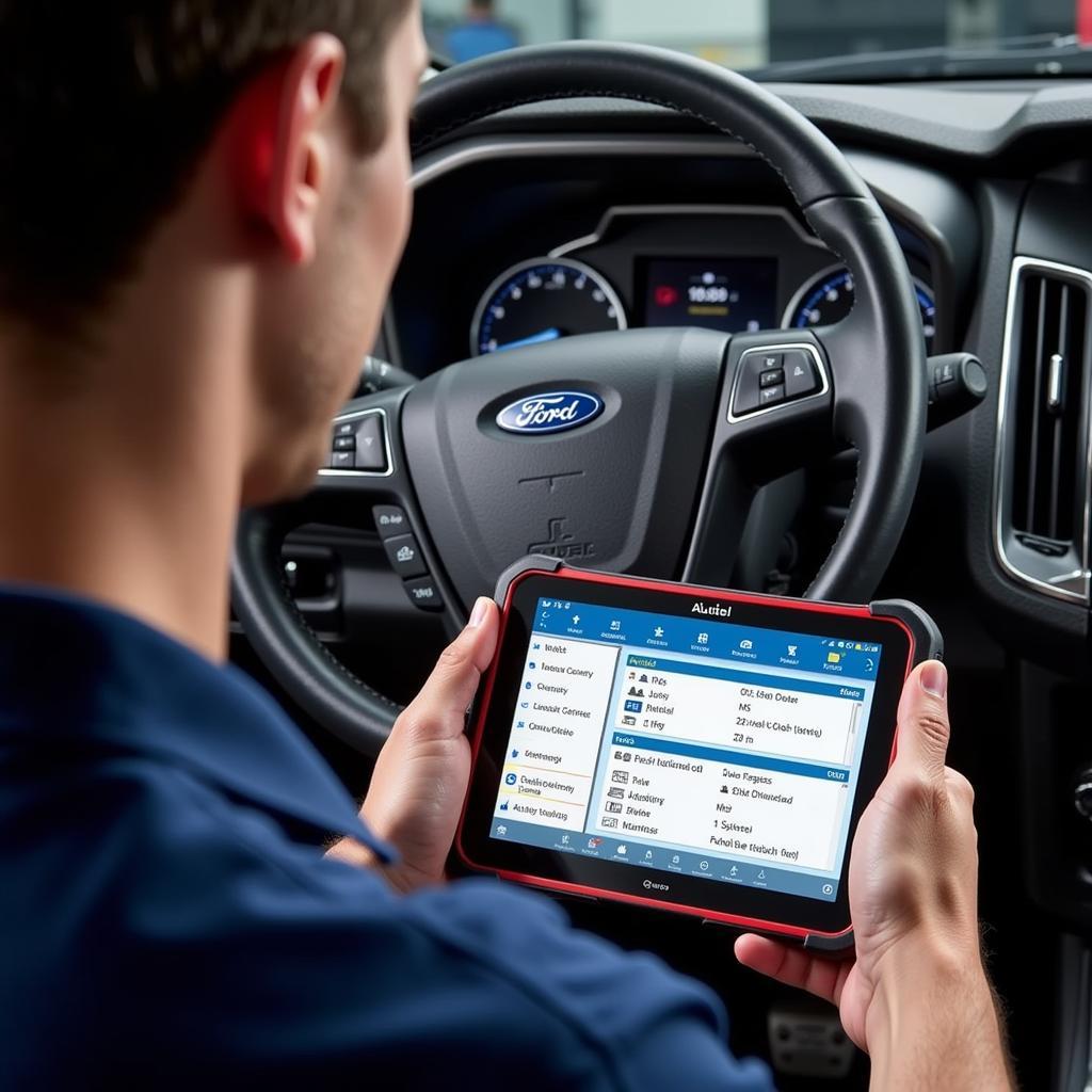 Autel MaxiSys performing diagnostics on a Ford vehicle