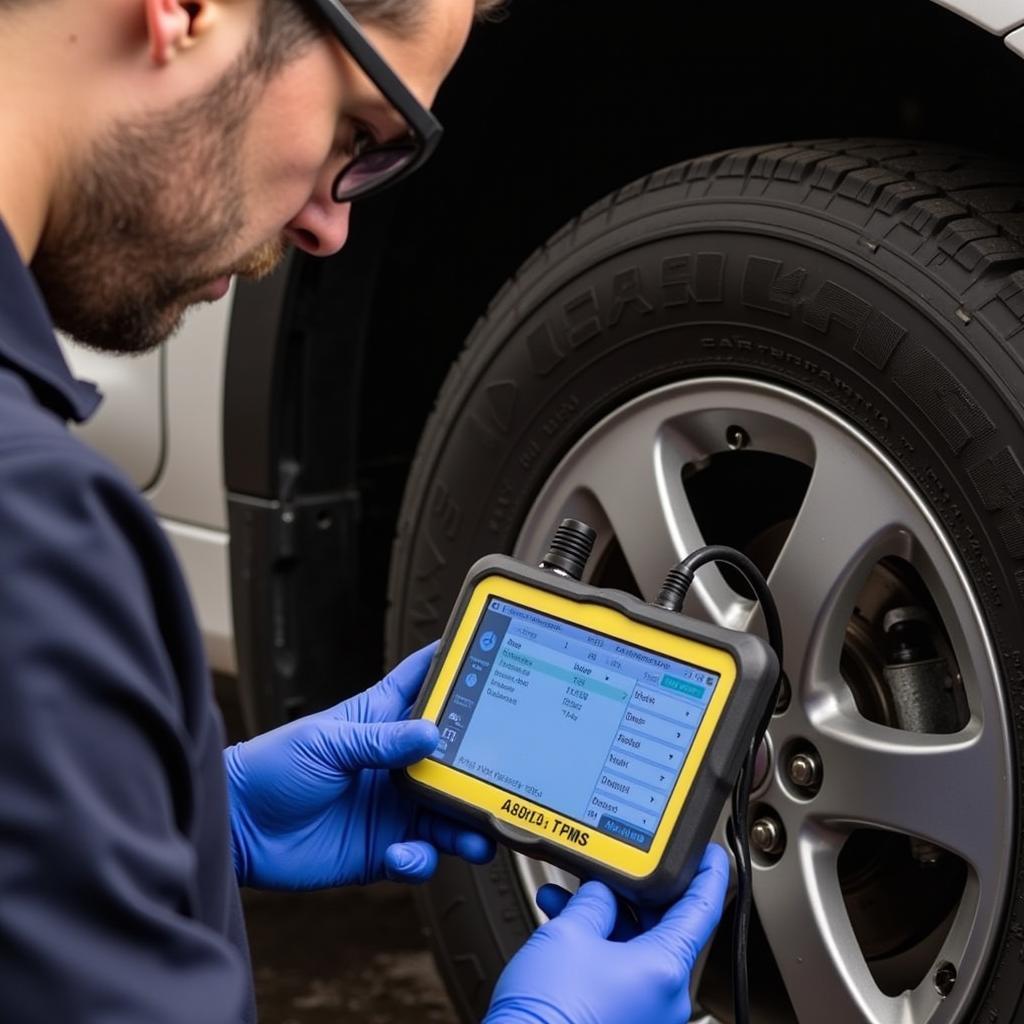 Autel MaxiTPMS ITS600 Pro being used to diagnose a TPMS issue on a car.