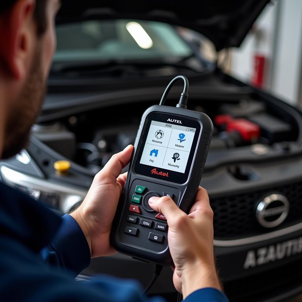 Mechanic Holding Autel Maxys Pro Diagnostic Scanner