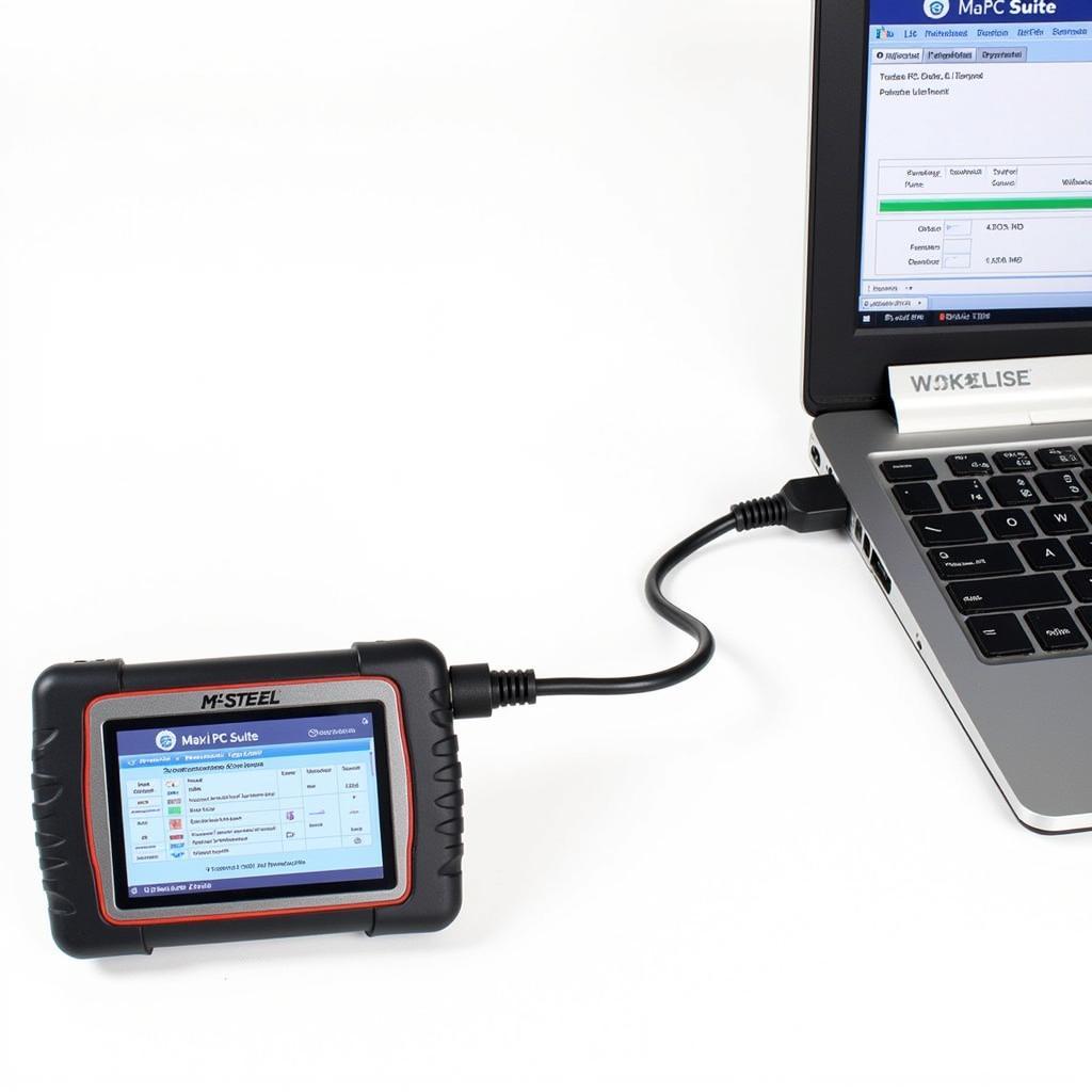 Autel MS908P diagnostic tool connected to a computer for software update.