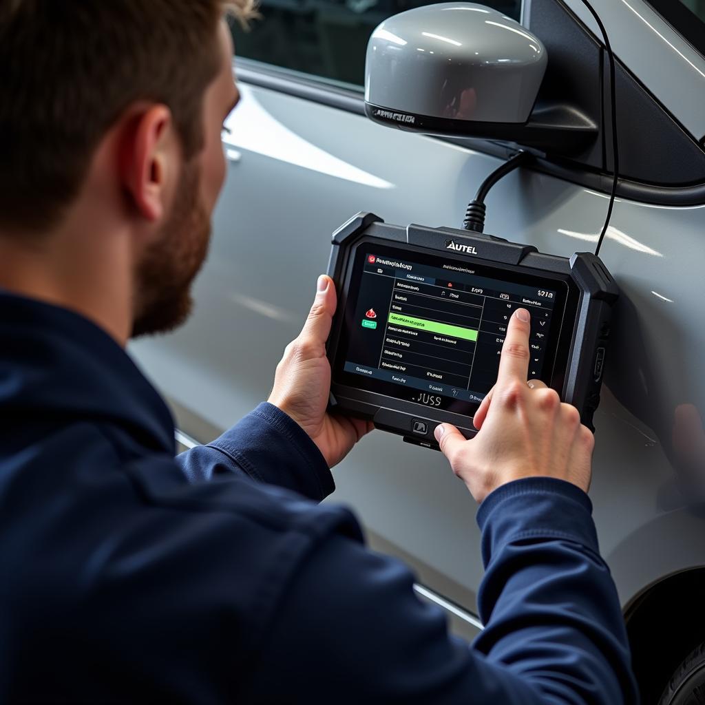 Technician using Autel MS909 to Diagnose a Car