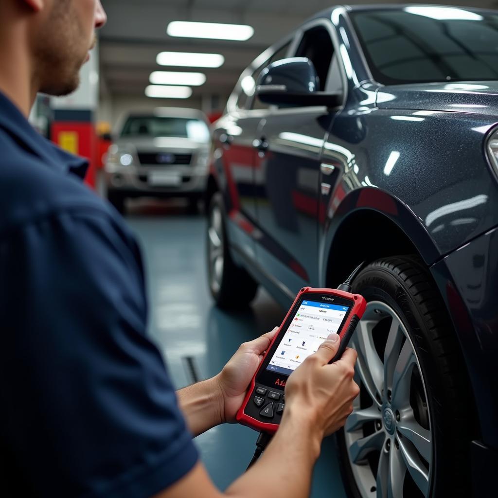 Technician Using Autel NY Manta to Diagnose a Car in a Garage