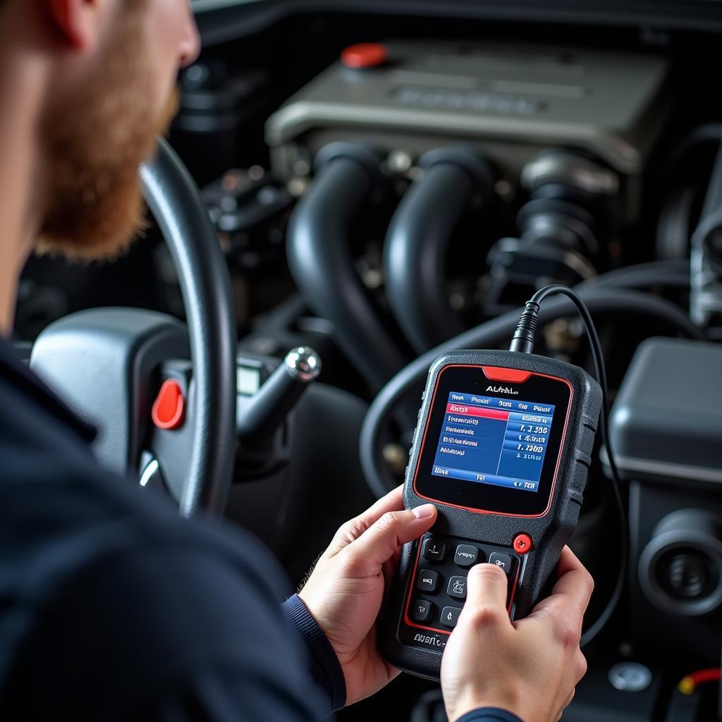 Autel scanner diagnosing a heavy truck engine