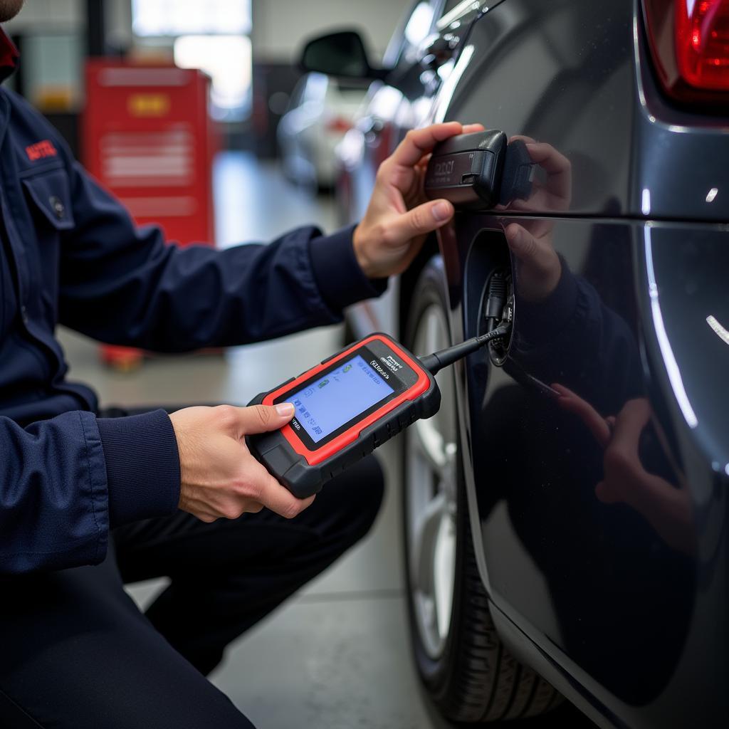 Autel Diagnostic Scanner in Use at a Repair Shop