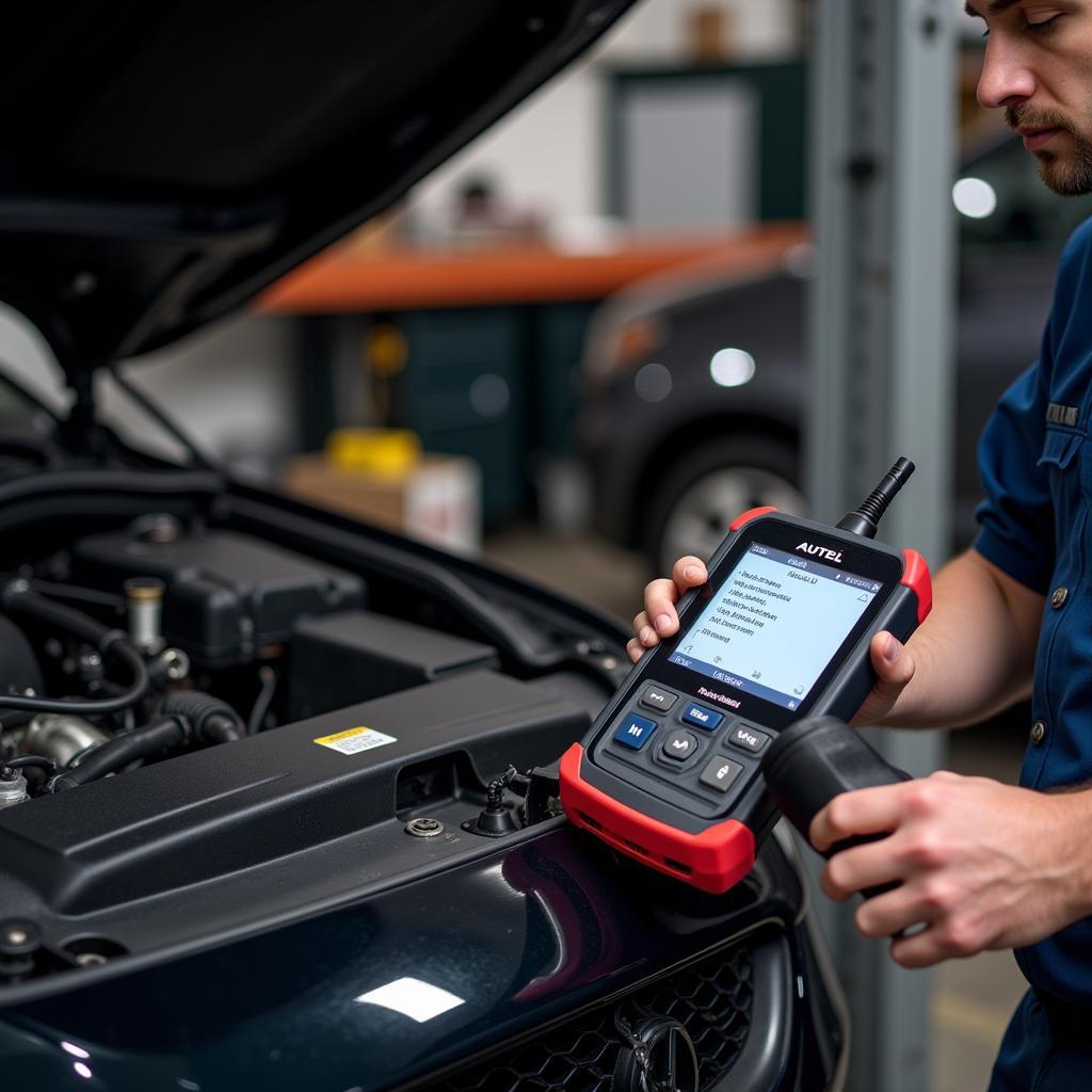 Mechanic Using Autel Scanner to Diagnose Car Issue