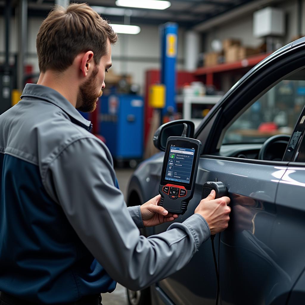 Mechanic Using Autel Scanner in Auto Repair Shop