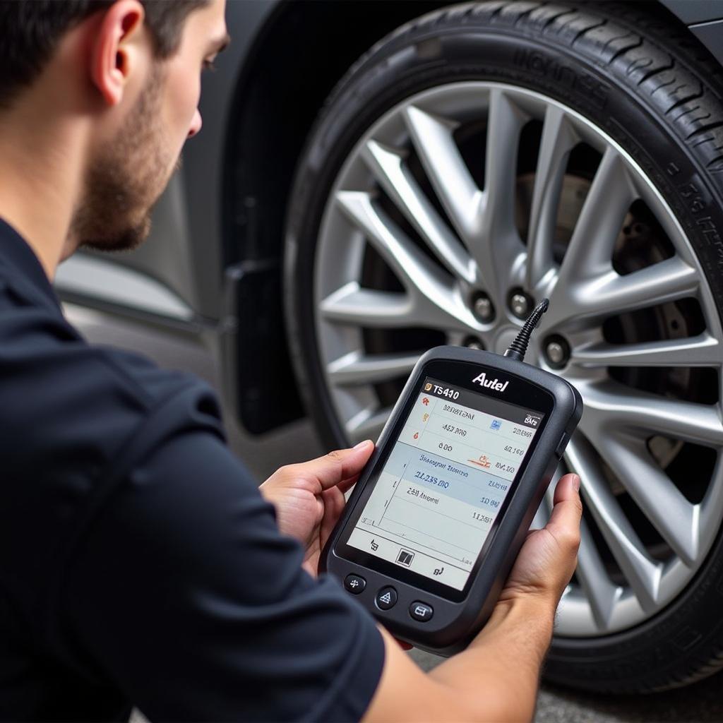 Autel TS401 TPMS Diagnostic Tool being used to check tire pressure on a car.