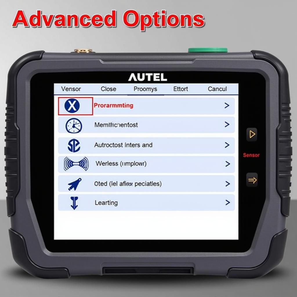 Autel TS408 showing advanced functions like sensor programming and OBDII relearn