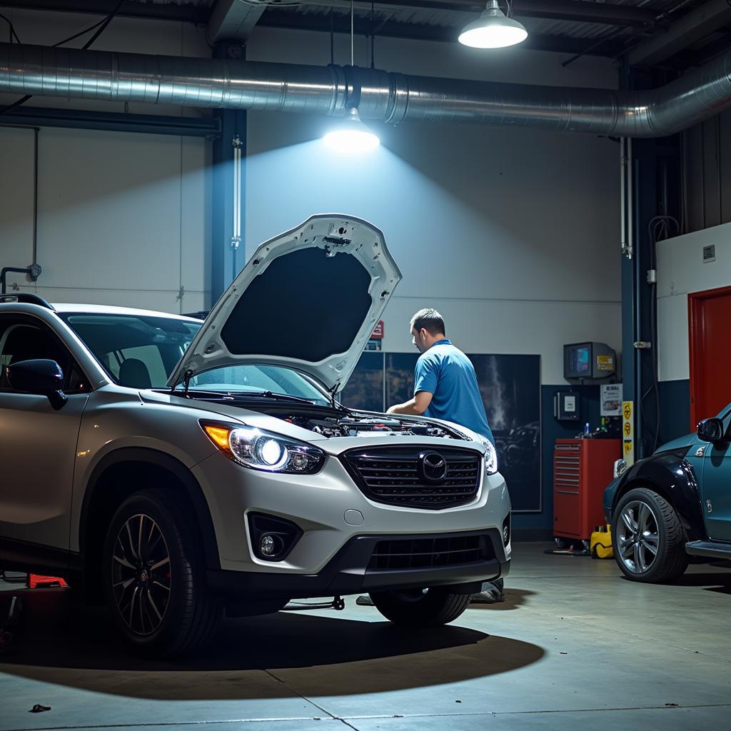 Autelo Flush Mount Ceiling Light illuminating a car engine in a professional workshop