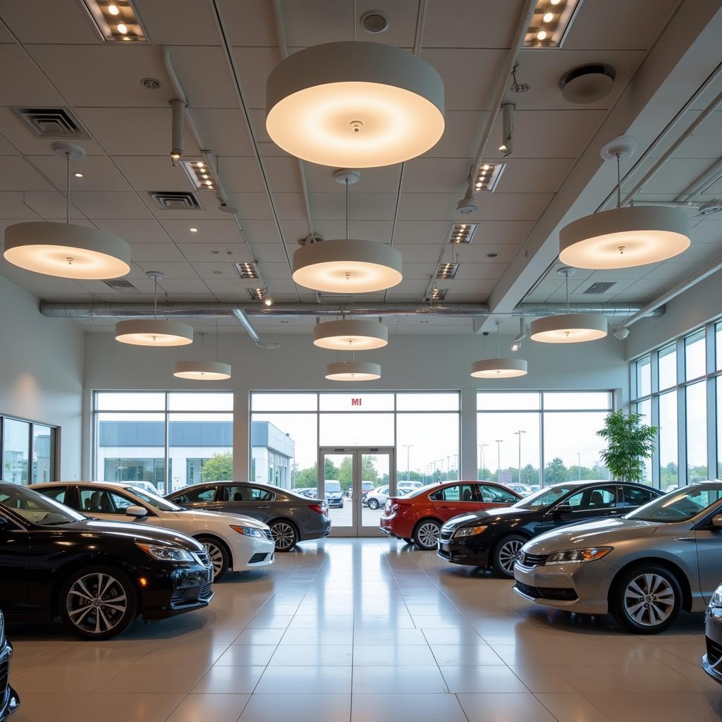 Autelo Flush Mount Ceiling Lights installed in a bright and modern car dealership showroom.