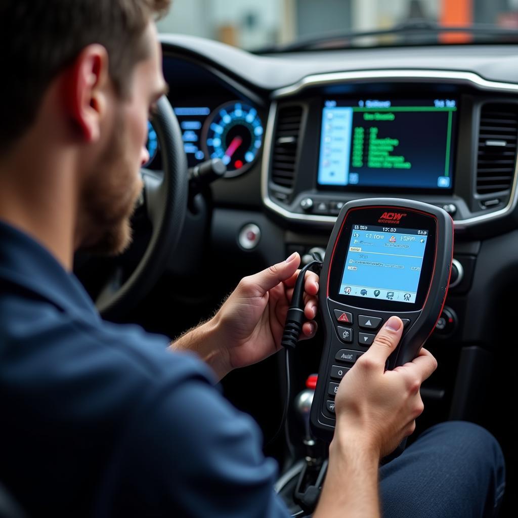 Automotive Technician Using Dealer Scanner