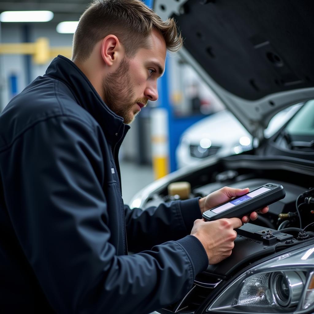 Automotive Technician Using a Diagnostic Scanner