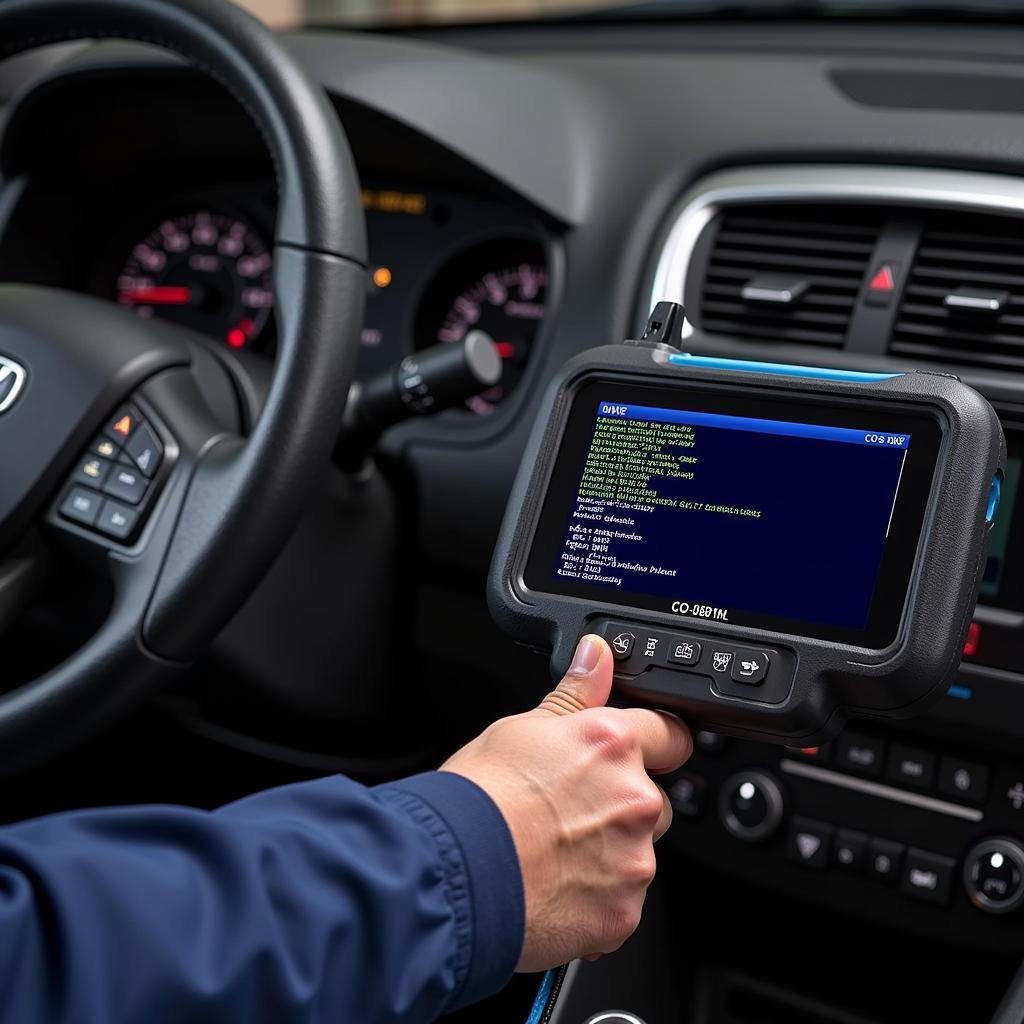 Mechanic using a best diagnostic scan tool 2017 on a car engine