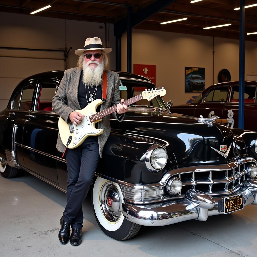 Billy Gibbons posing with a car from his collection