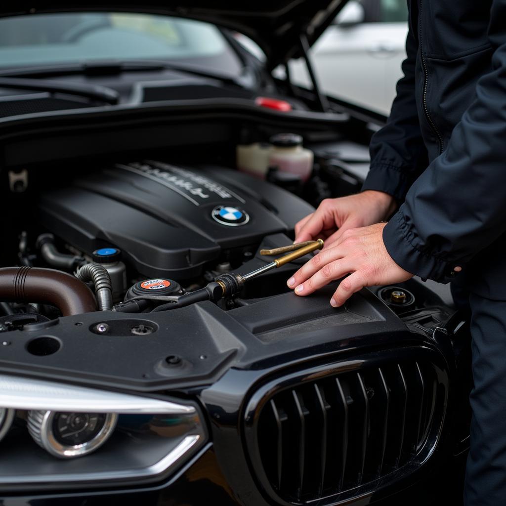 Inspecting the engine of a second hand BMW X5