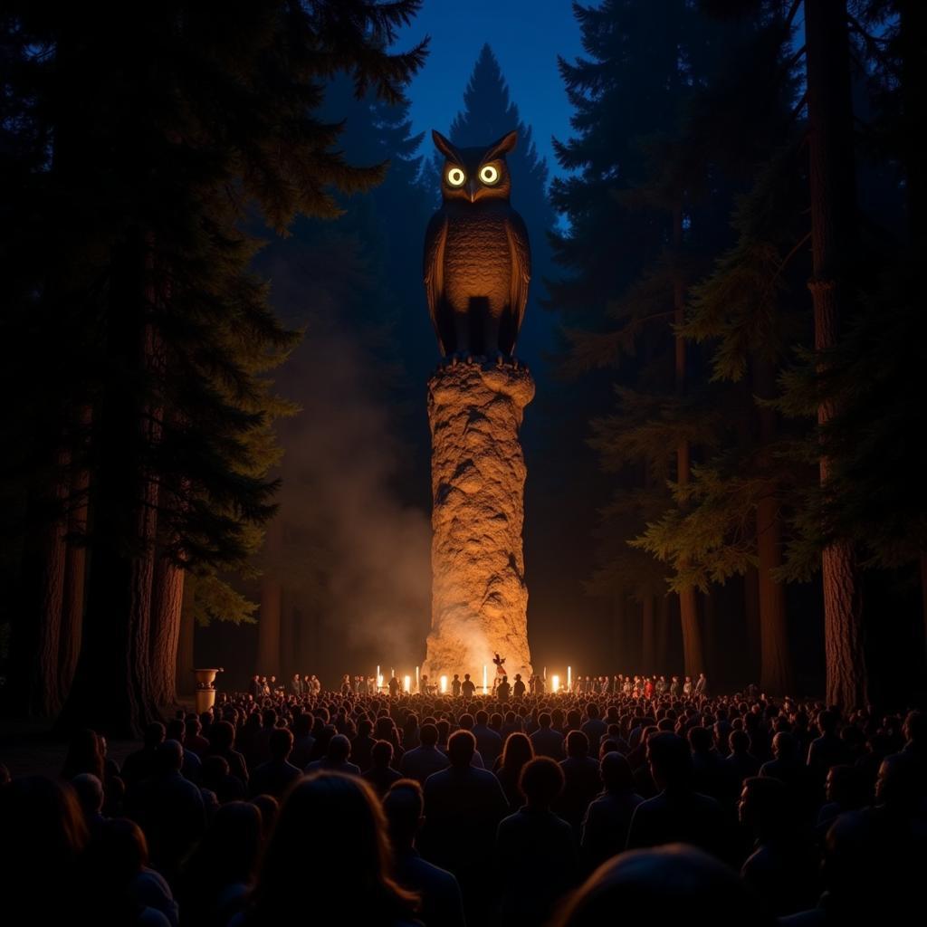 Bohemian Grove Owl Statue and Ceremony at Night