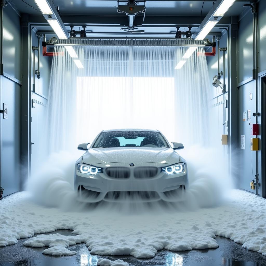 Car going through a touchless bubbles car wash tunnel