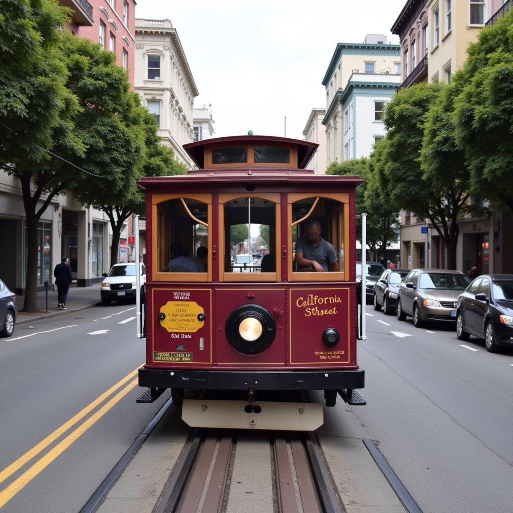 San Francisco cable car climbing a steep hill on California Street line