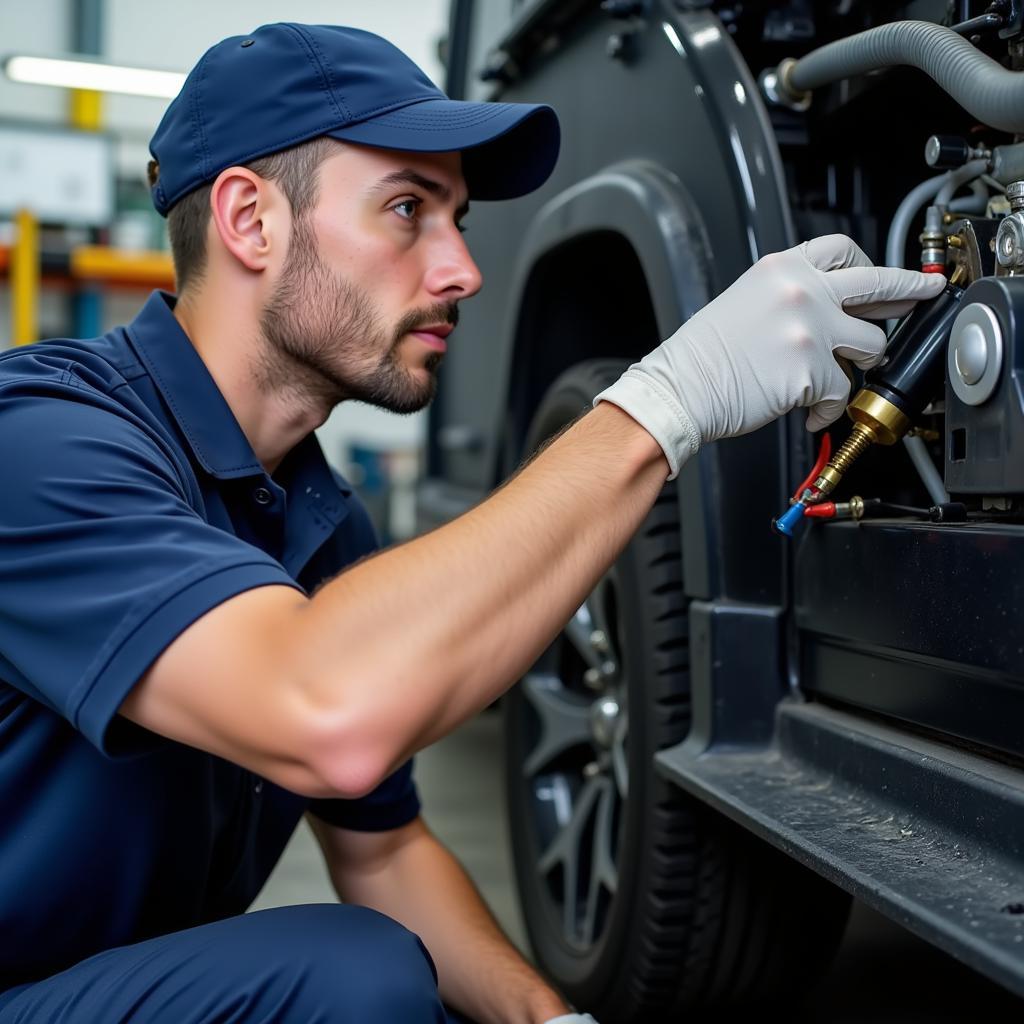 Car AC Service Technician Checking Refrigerant Levels