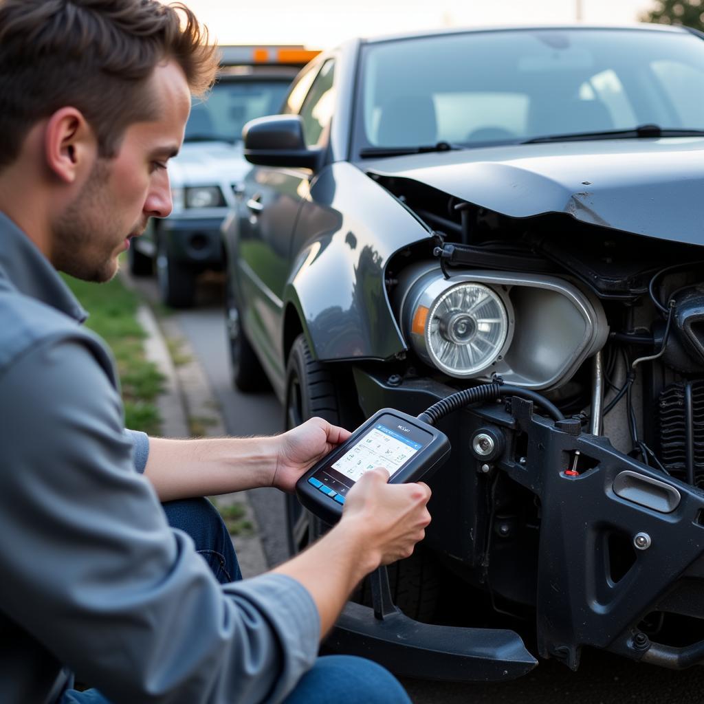 Car Accident Scene with Diagnostic Scanner