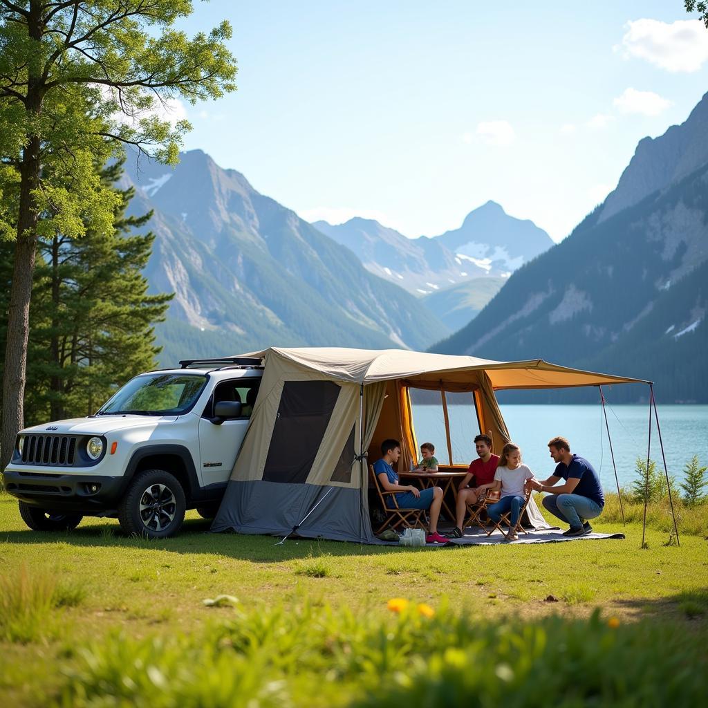 Setting up a car camping tent in a scenic campsite.