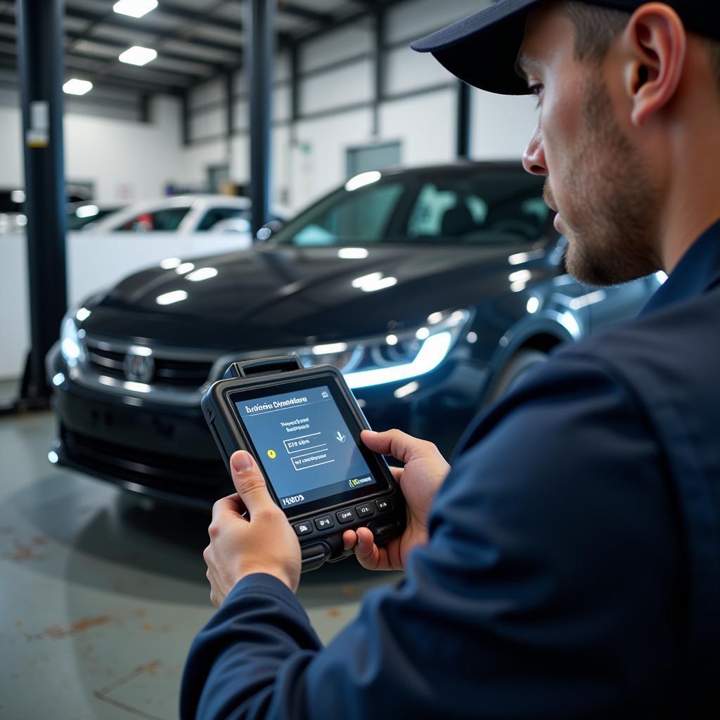 Car diagnostics with dealer scanner in a professional workshop