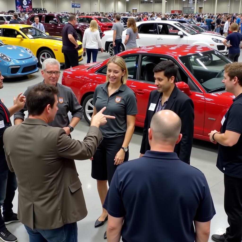 Car enthusiasts networking at an event