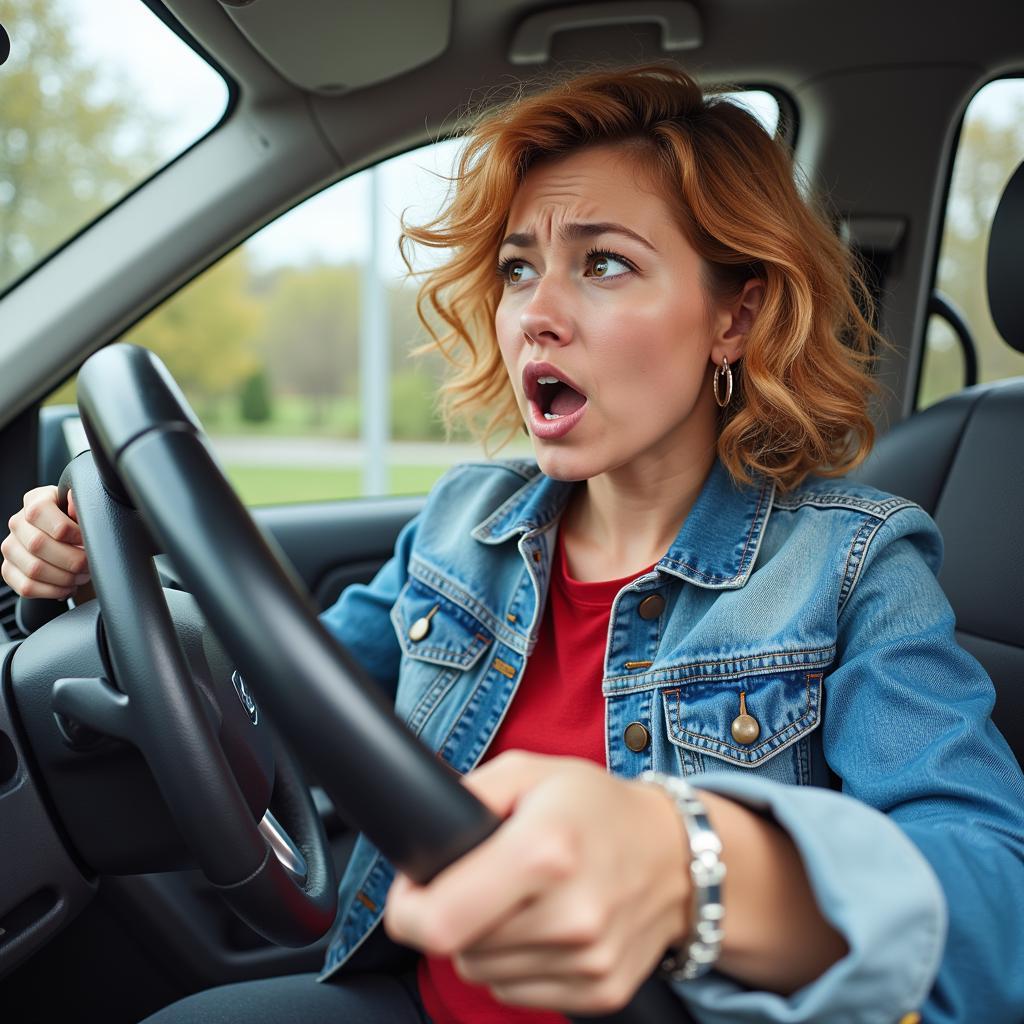 Frustrated Driver Reaching Car Handle Ceiling