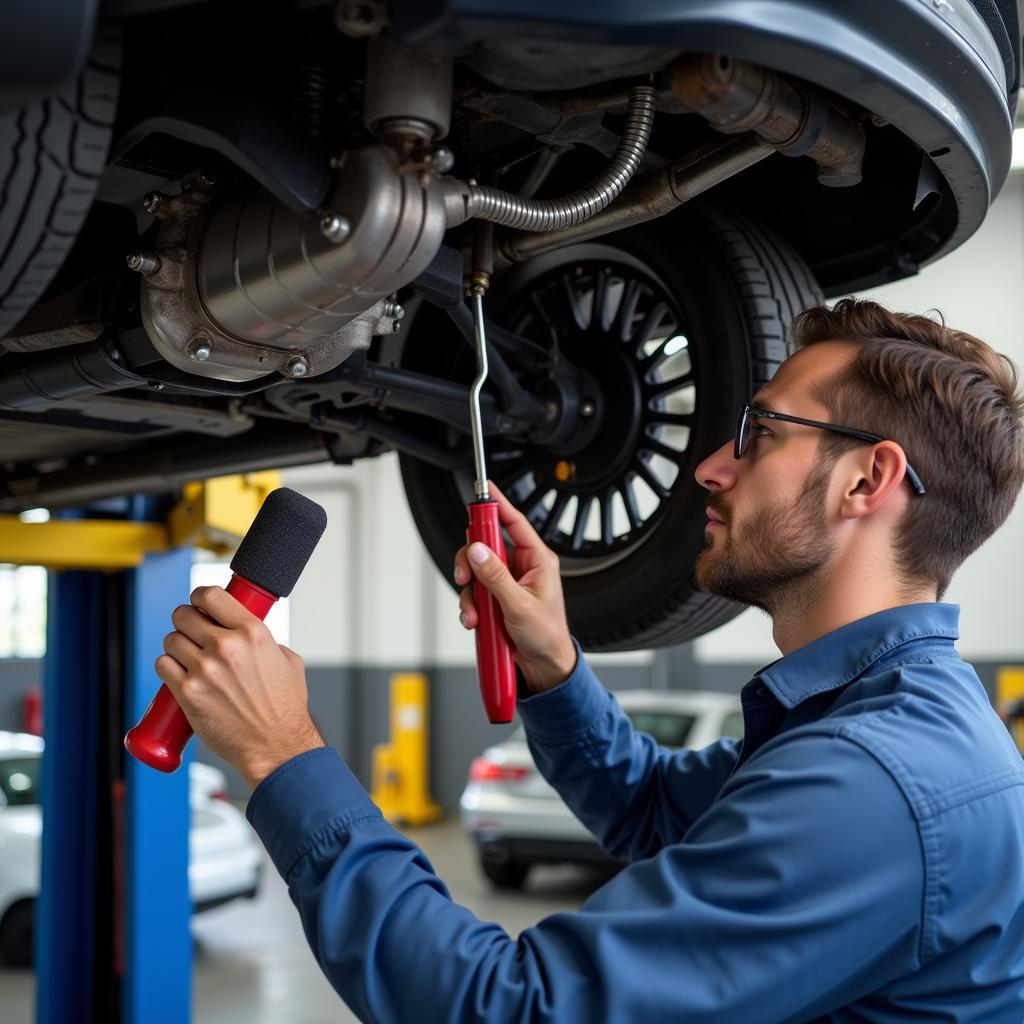 Car Inspection Process: Mechanic Checking Undercarriage