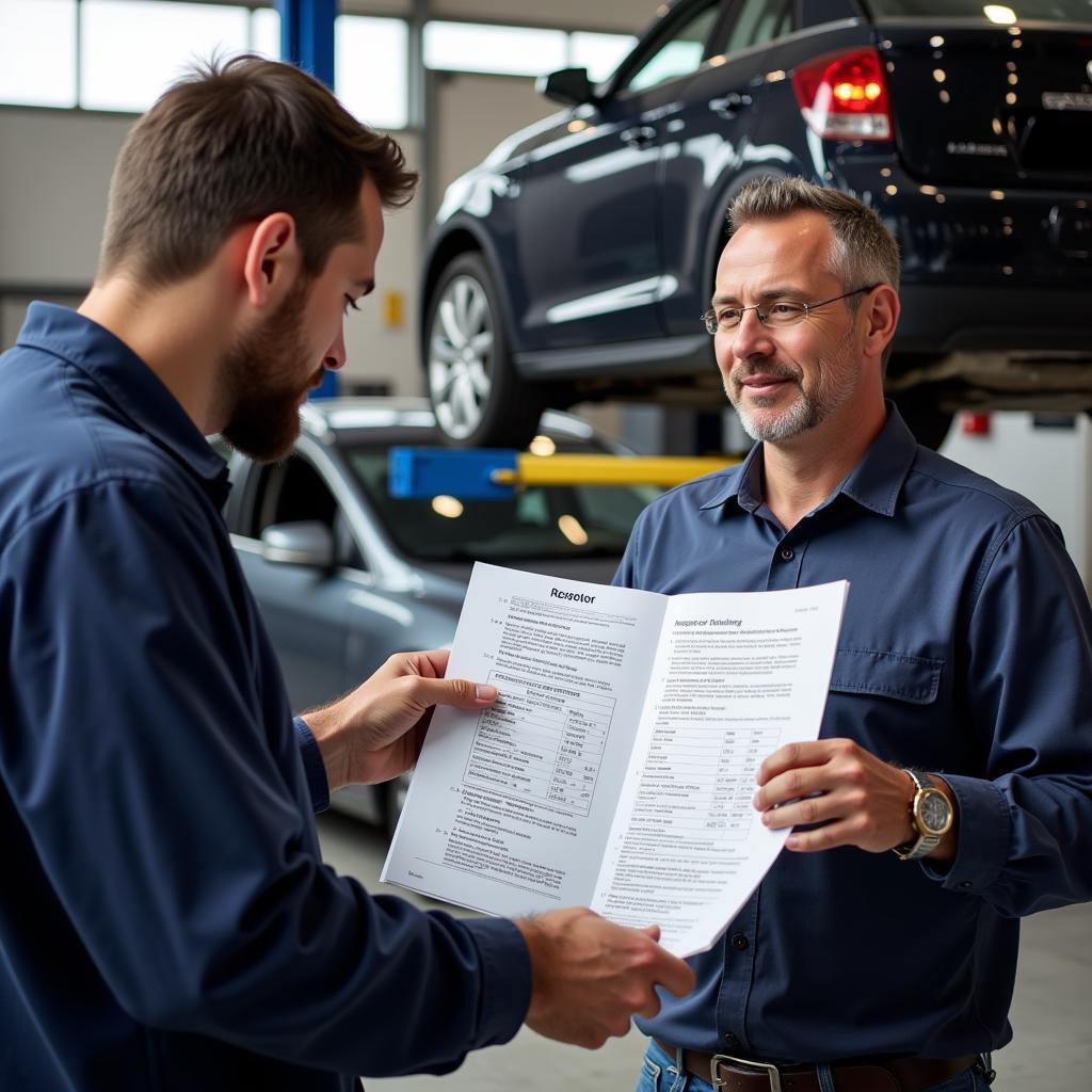 Reviewing a Car Inspection Report with a Mechanic