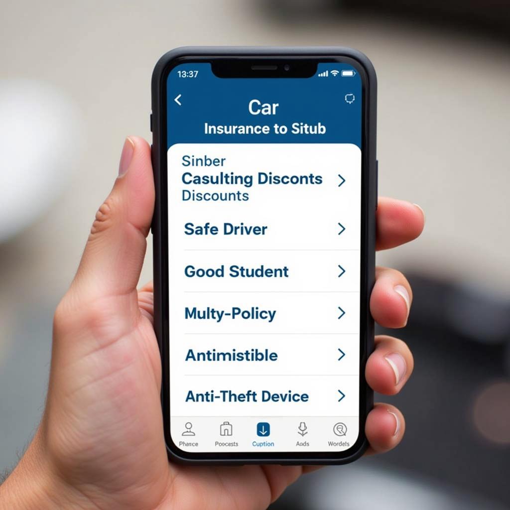 Various car insurance discount options displayed on a mobile phone.