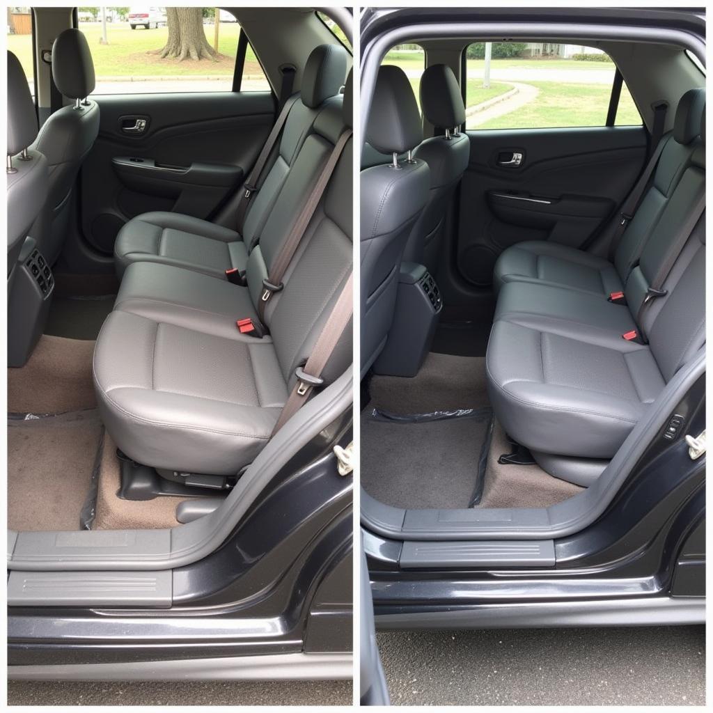 Car interior detailing before and after, showcasing a dramatic improvement in cleanliness and appearance.