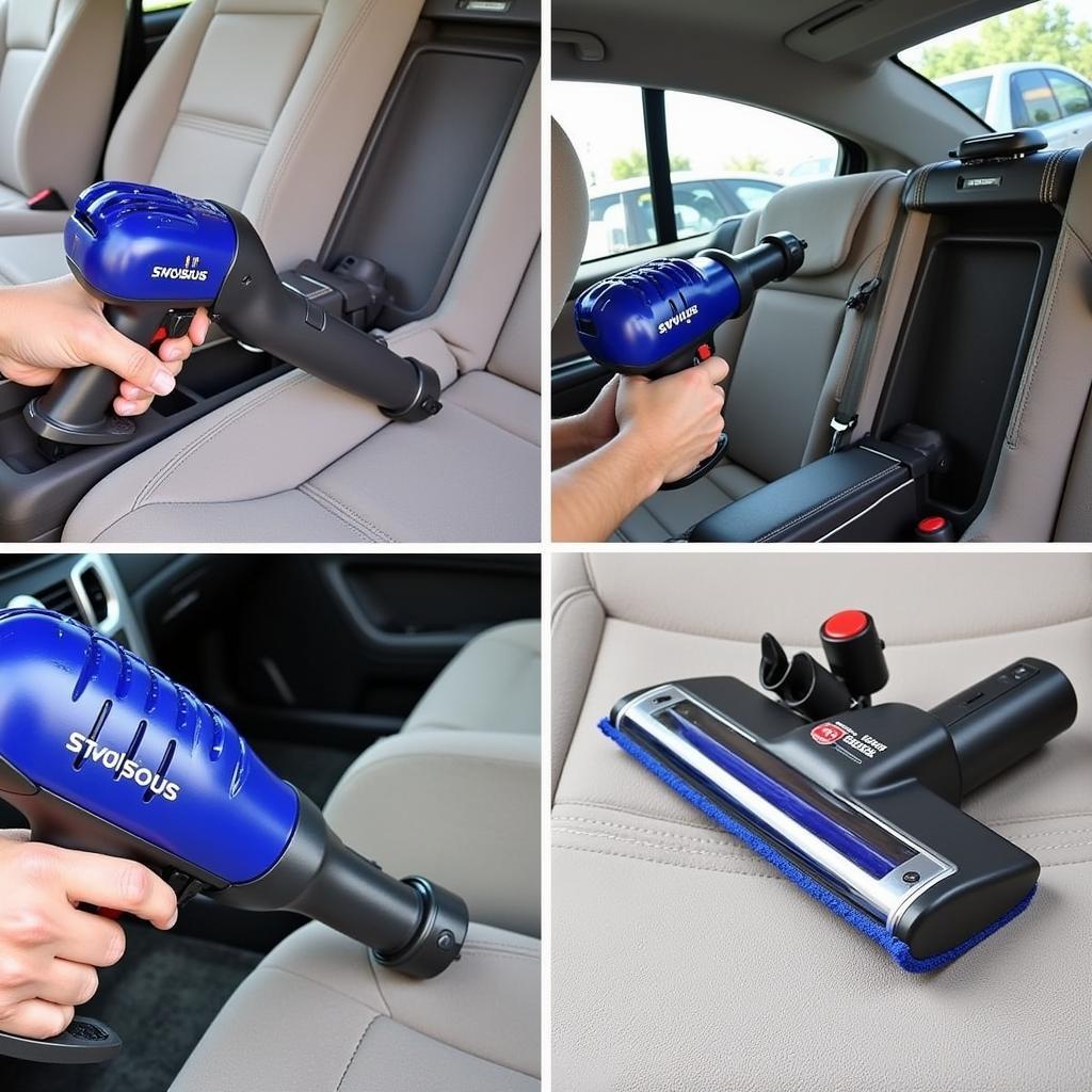 Different vacuum attachments being used inside a car