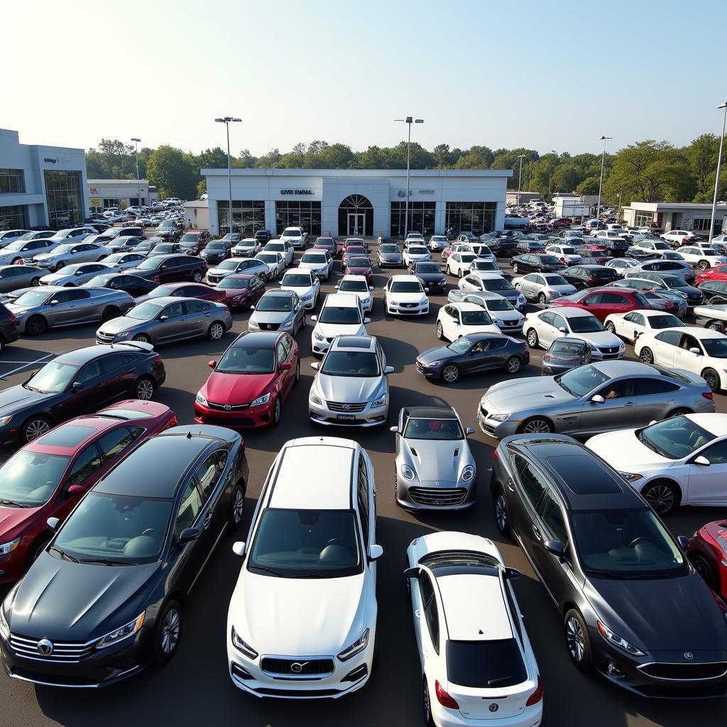 Large car dealership lots resembling an island of cars