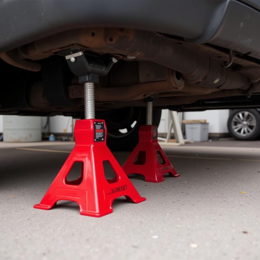 Car jack stands supporting a vehicle during maintenance.