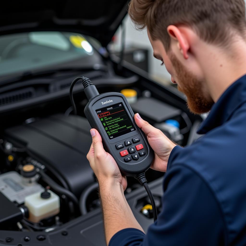 Car Mechanic Diagnosing Engine Problem Using Diagnostic Scanner