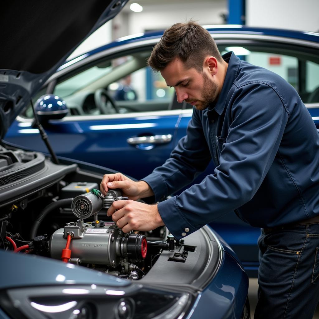 Car Mechanic Working on Electric Vehicle Powertrain