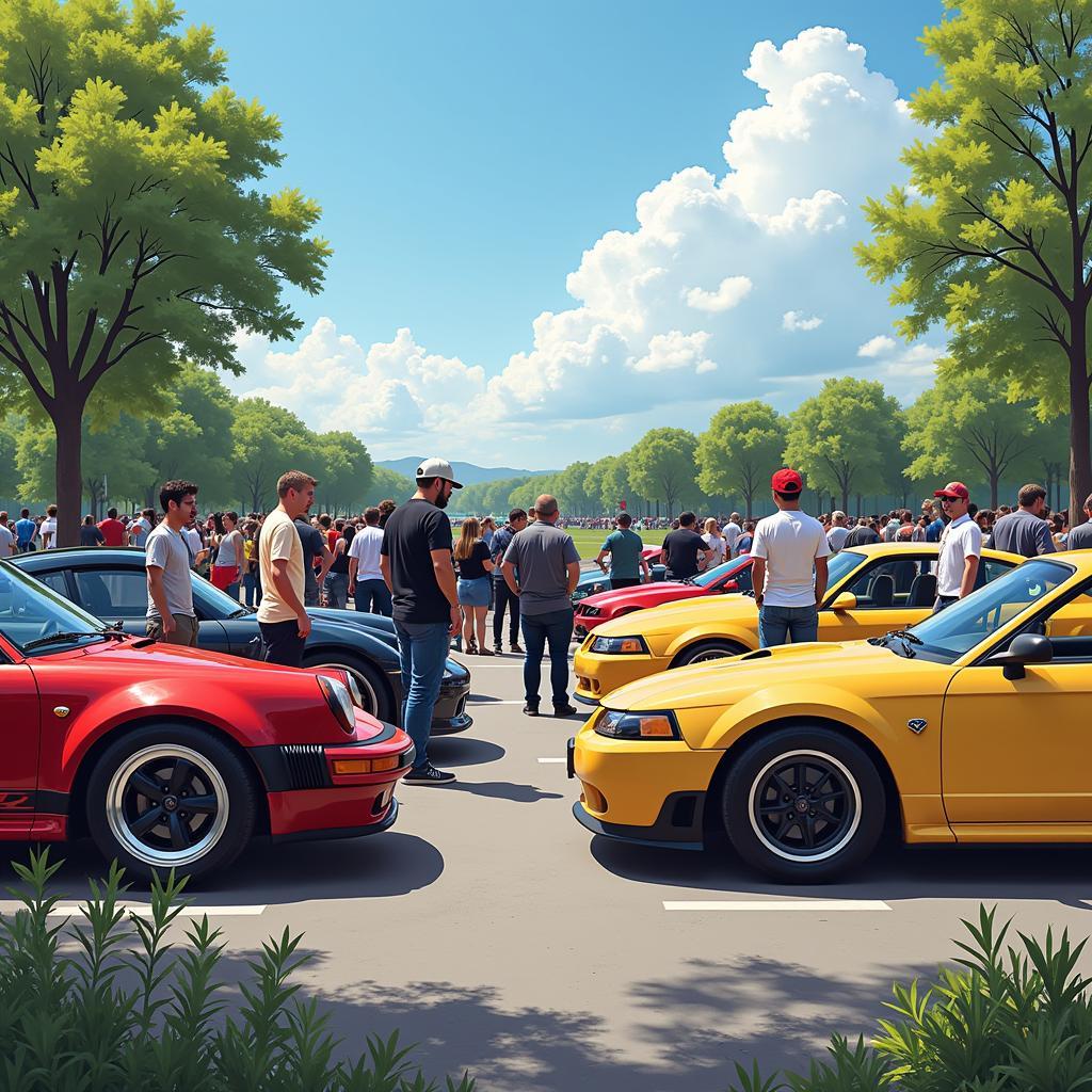 Car meet enthusiasts gathering around their vehicles