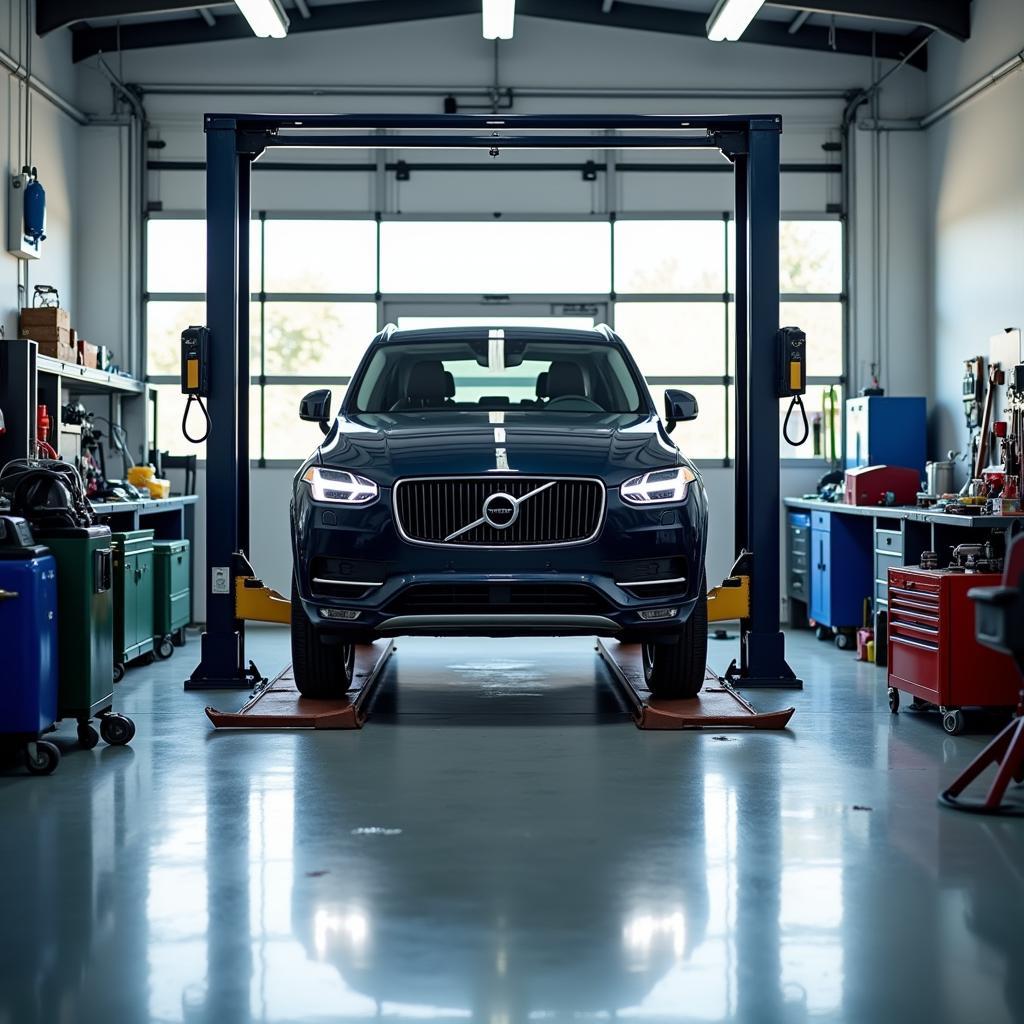 Car on a lift in a modern service bay