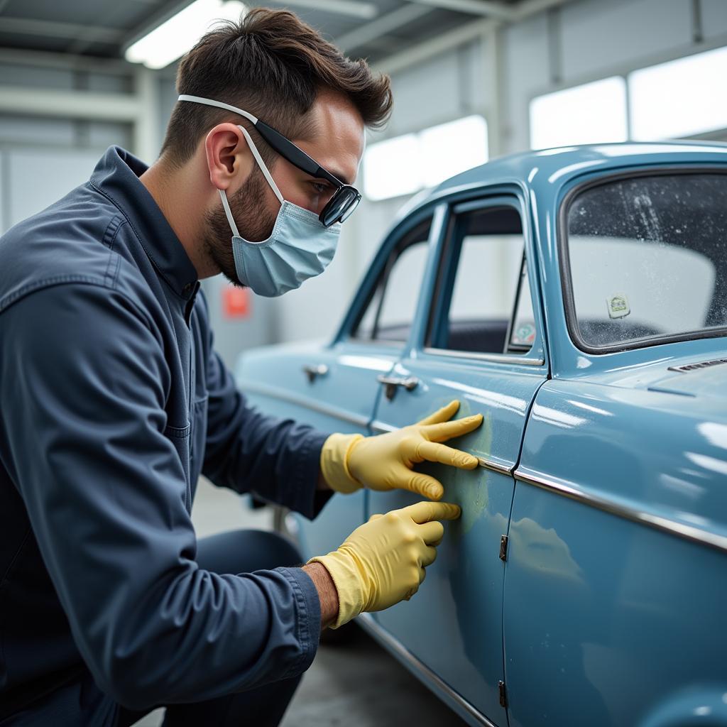 Car painter meticulously restoring a classic car