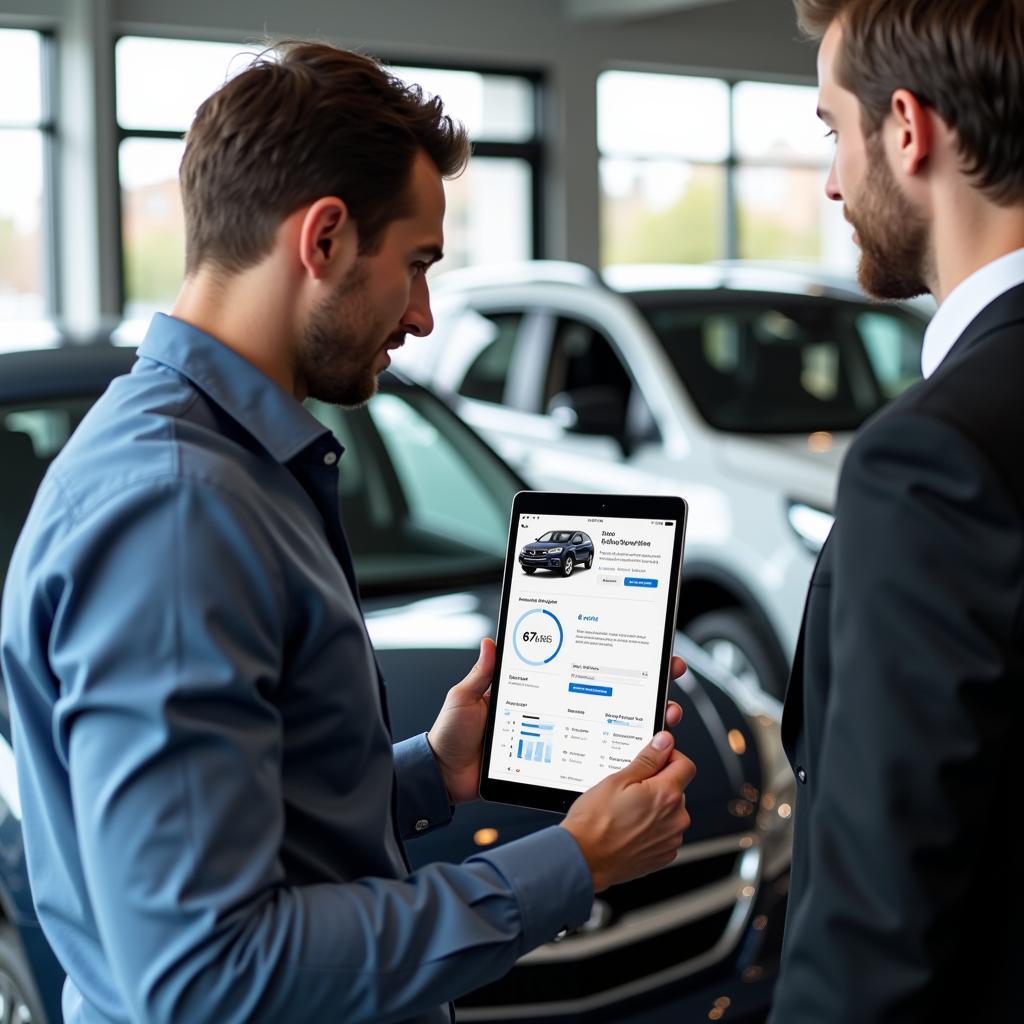 Car Salesman Using Tablet at Dealership